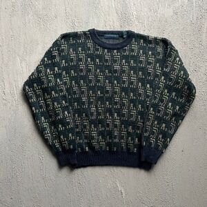 Vintage Claybrooke Sweater Large Blue 1990s Geometric Knit Crewneck Pullover